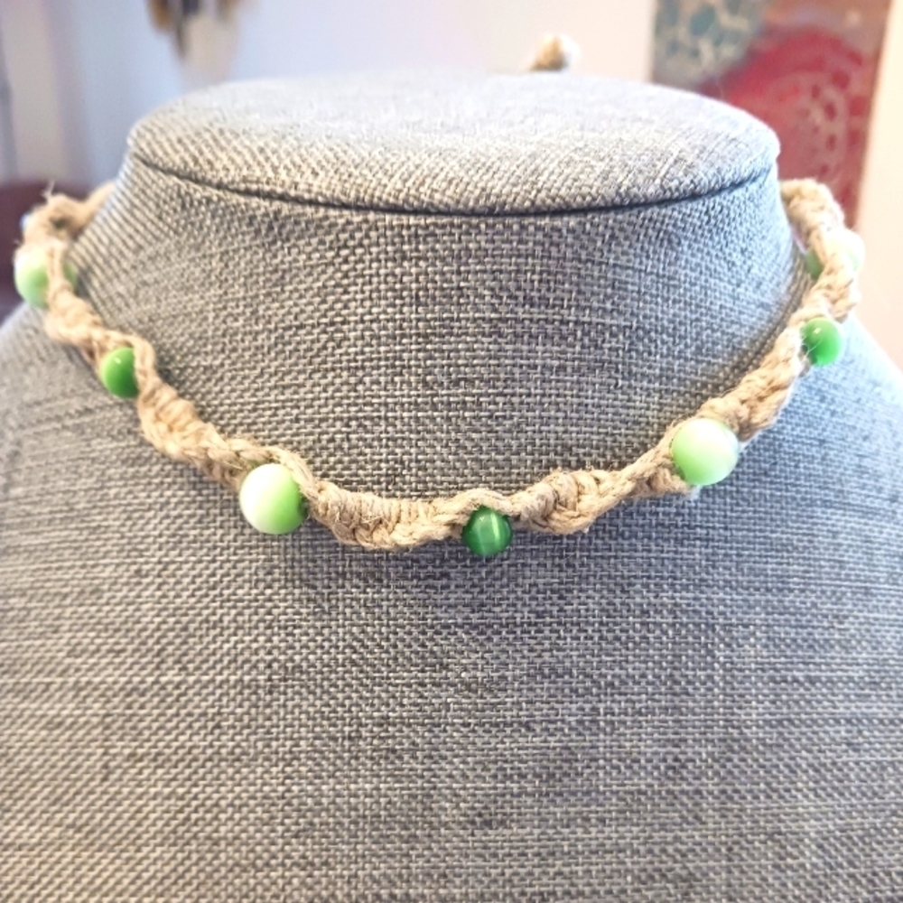 Handmade Hemp Macrame Necklace w/ Green Cat's Eye Beads - New Item (up to 17")
